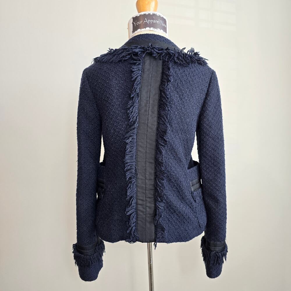 Tory Burch Navy Long Sleeve Tweed Fringe Cross Grain Blazer Sz 4 - Picture 4 of 11
